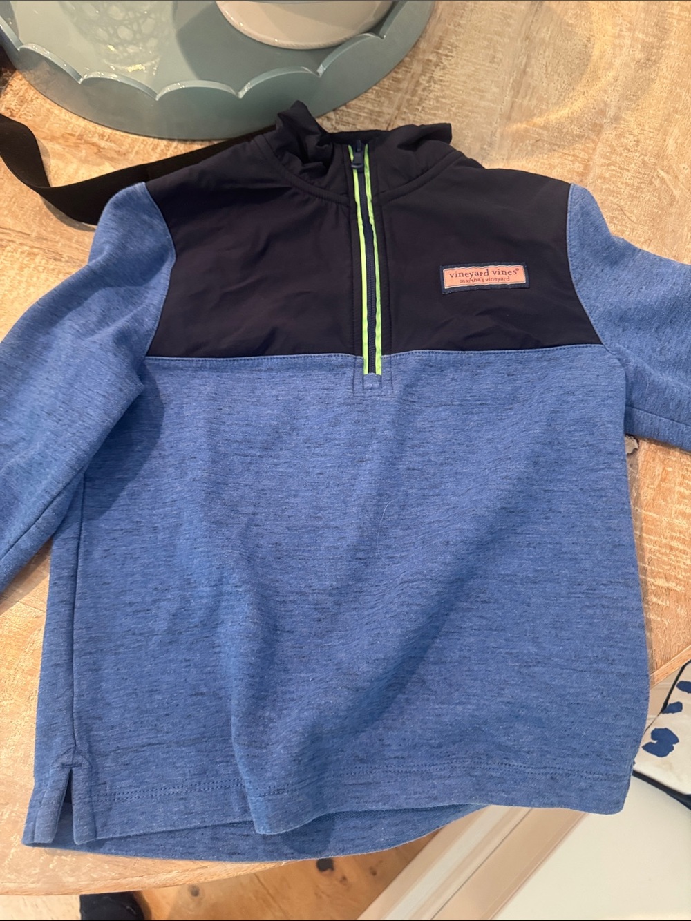 Vineyard Vines Heathered Blue and Black Quarter-Zip Pullover with Lime Trim